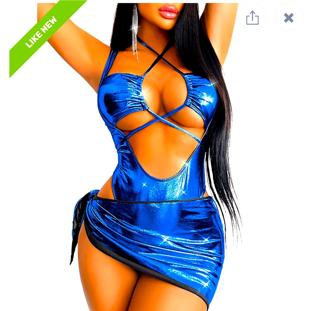 Large Metallic Blue swimsuit with wrap skirt